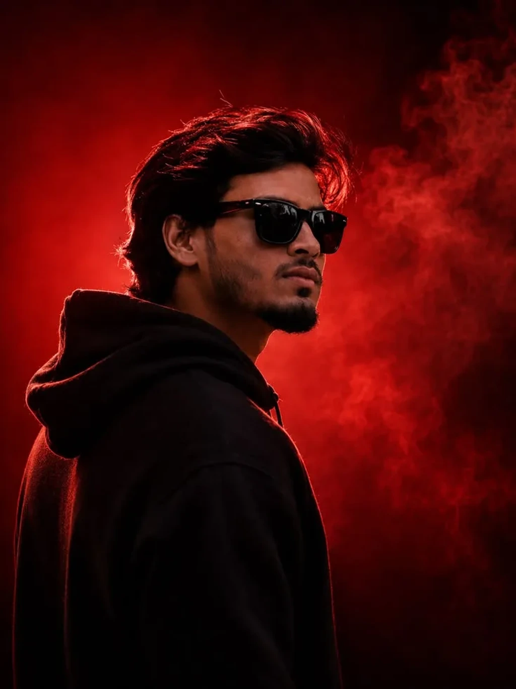 Dramatic Studio Portrait of Young Man in Black Hoodie with Red Rim Light and Smoke
