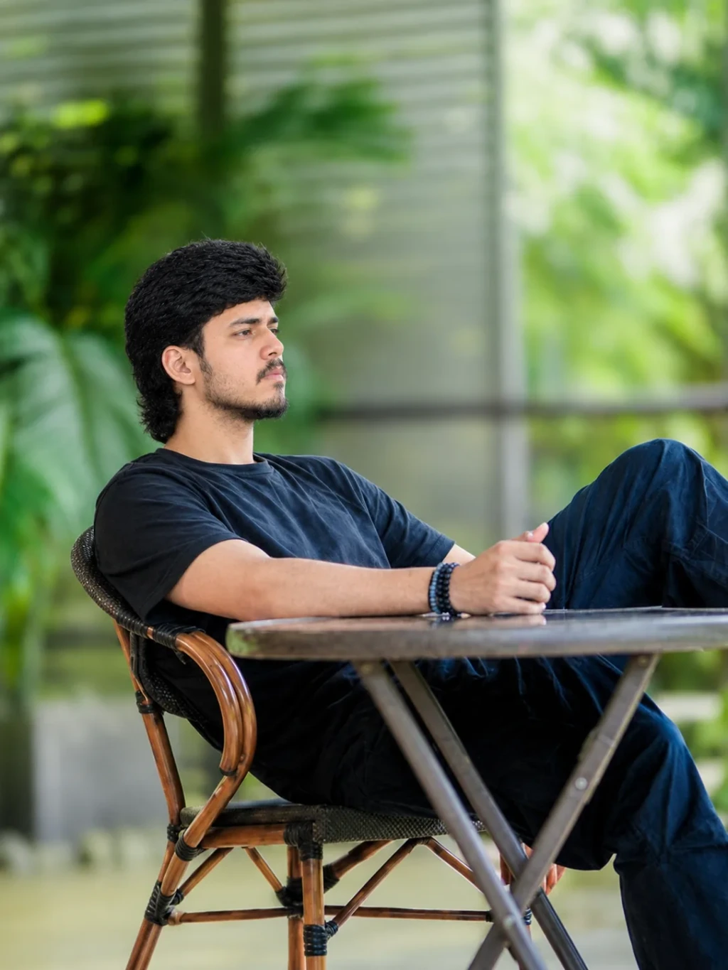 Cinematic Garden Café Portrait – Face Reference Edit