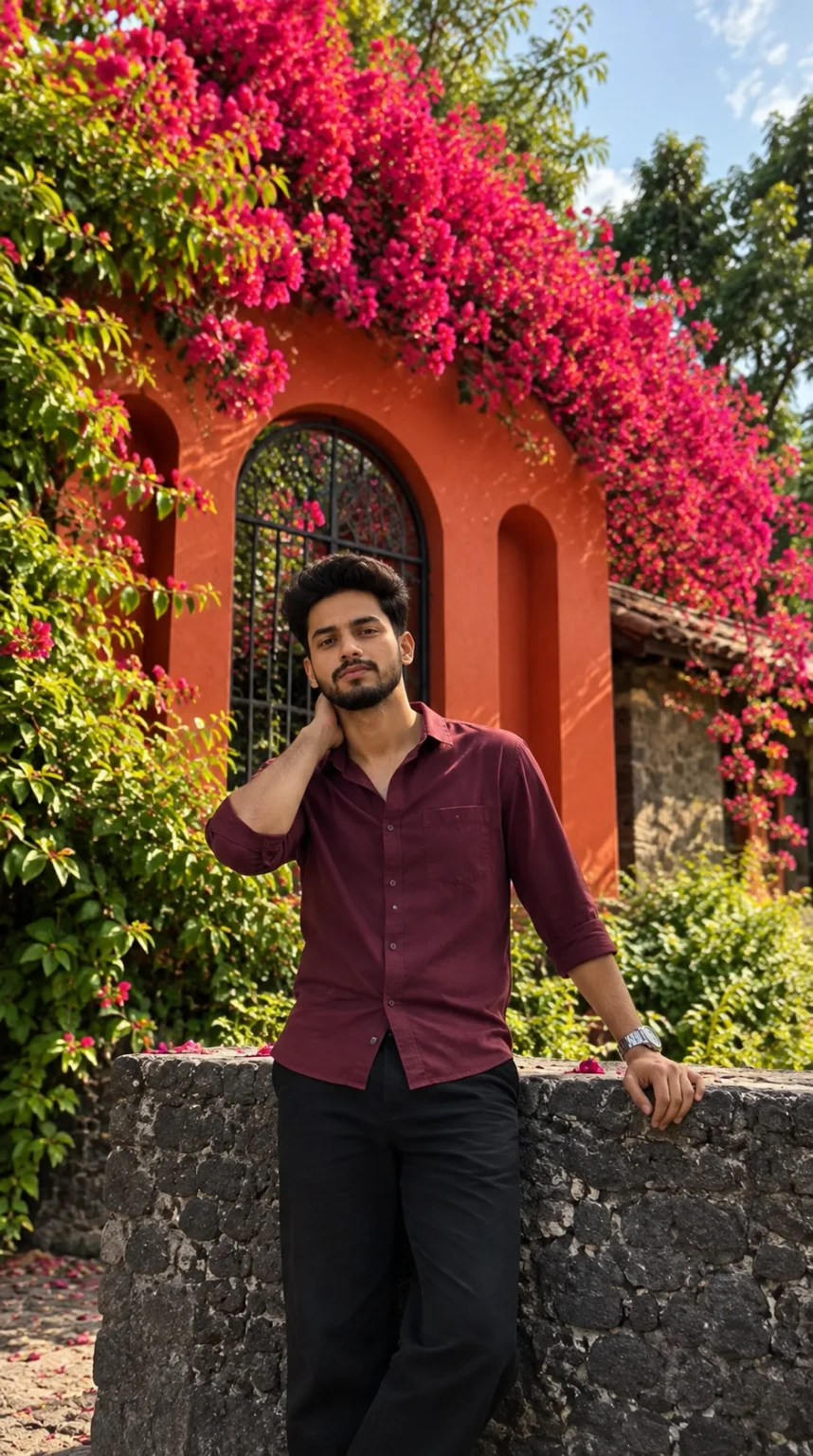Mediterranean-style garden courtyard Ultra Realistic Aesthetic DSLR Portrait