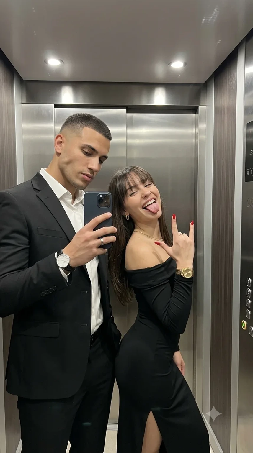 Playful Couple Mirror Selfie in Luxury Elevator