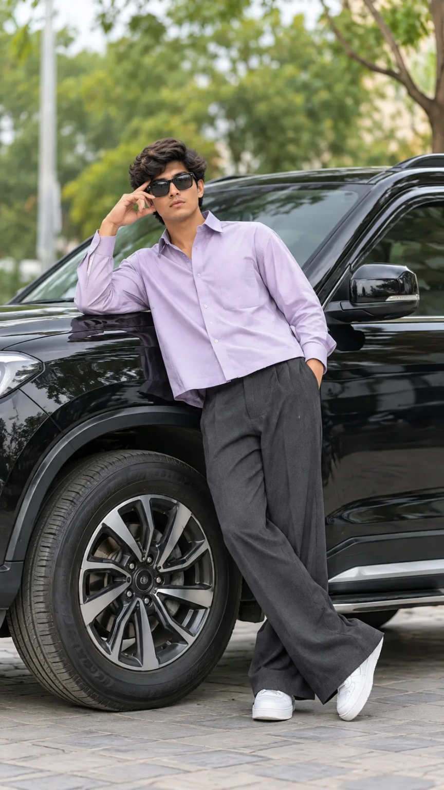Casual Streetwear Portrait of Young Man Leaning Against Black SUV