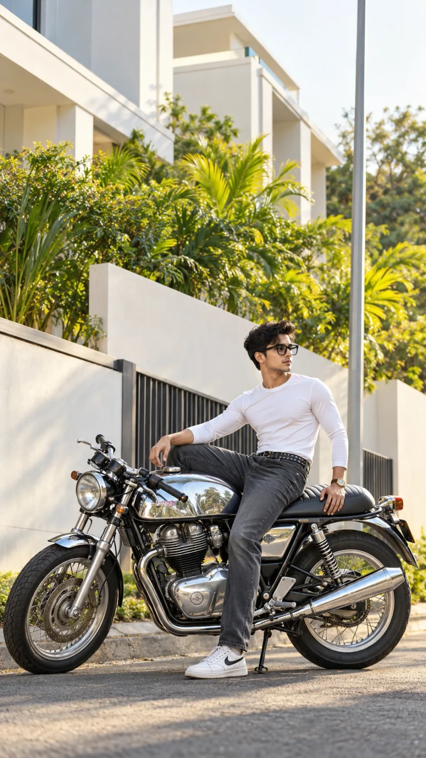 Stylish Young Man on Cafe Racer Motorcycle | Urban Streetwear Portrait