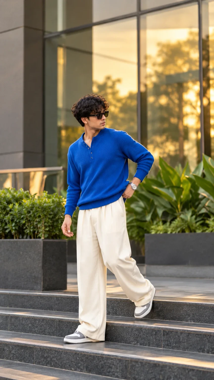 Cobalt Blue Streetwear Portrait of a Young Man on Urban Steps