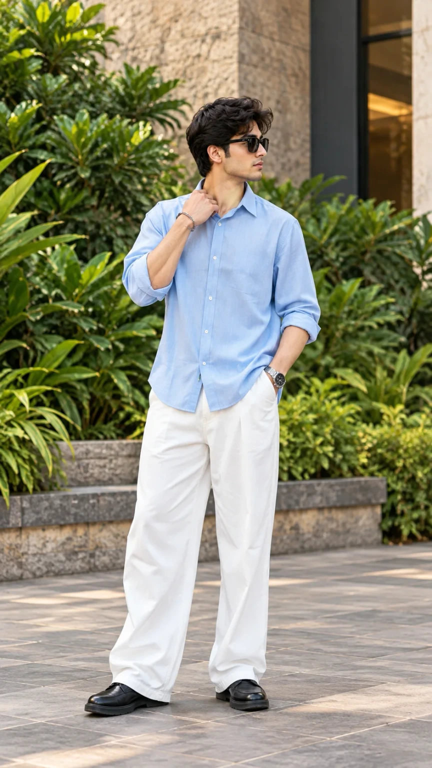 Casual Streetwear Portrait of Young Man in Blue Shirt and White Trousers