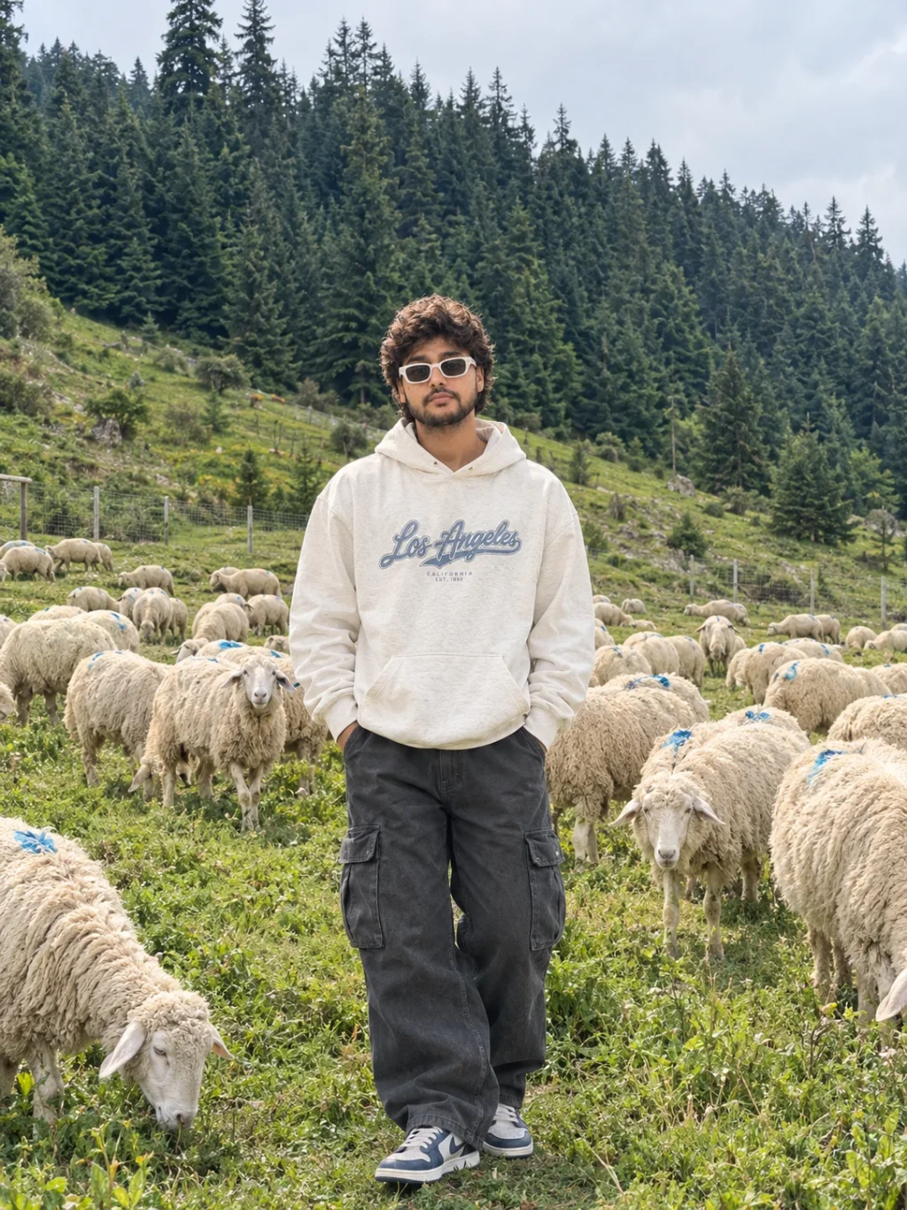 Shepherd Among Sheep in Mountain Meadow.