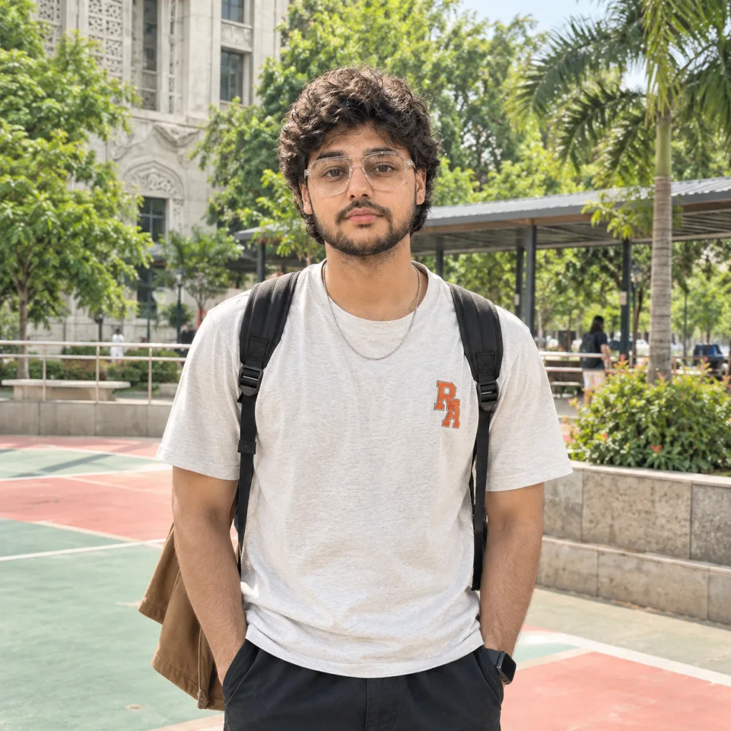 Sunlit Campus Portrait with Backpack.