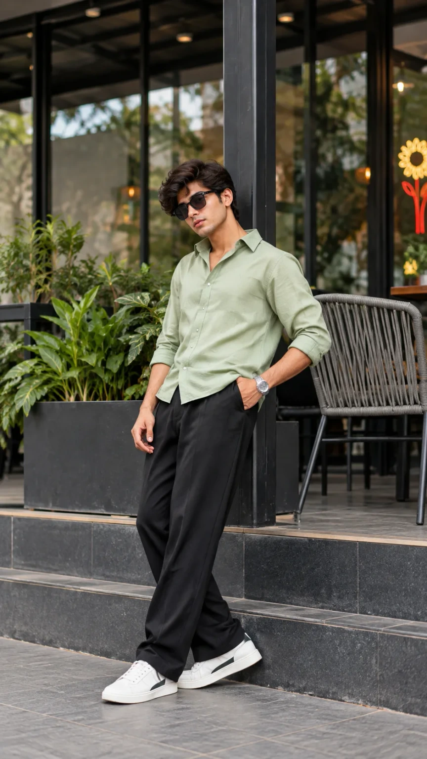 Casual Streetwear Portrait of Young Man in Pistachio Green Shirt