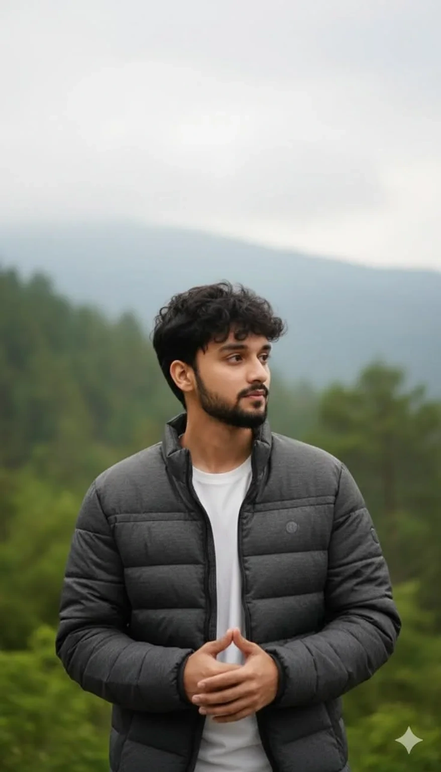 Candid Young Man in Puffer Jacket with Clasped Hands Against Misty Mountain Pines