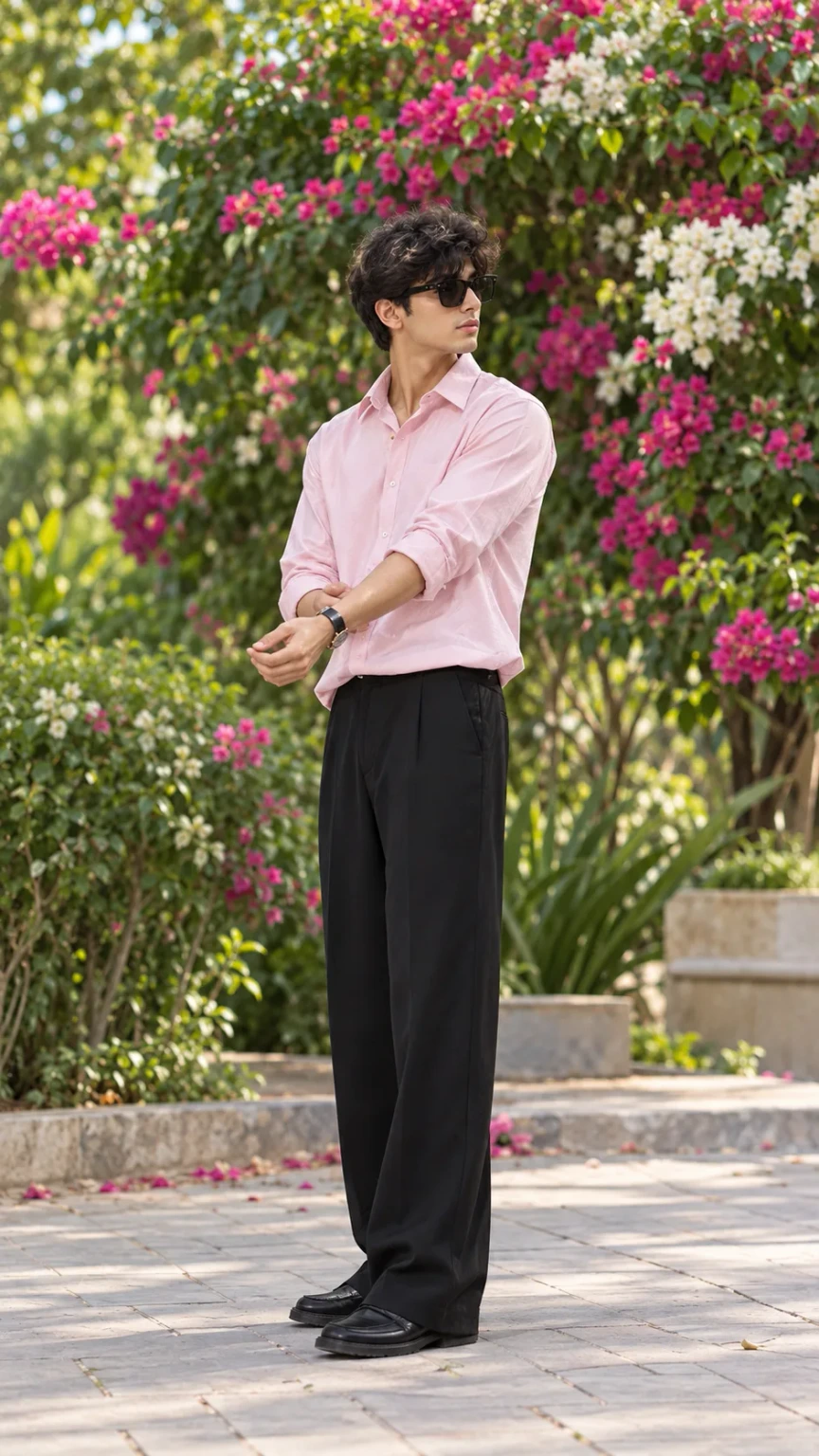 Casual Fashion Portrait of a Man Among Pink Bougainvillea Flowers