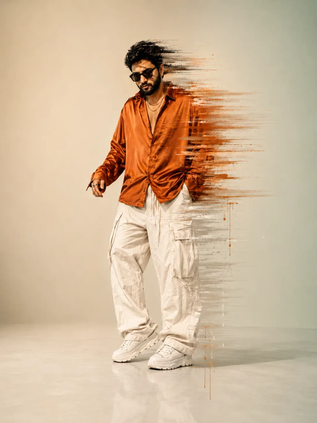 Stylish Orange Shirt Portrait with Artistic Glitch Effect