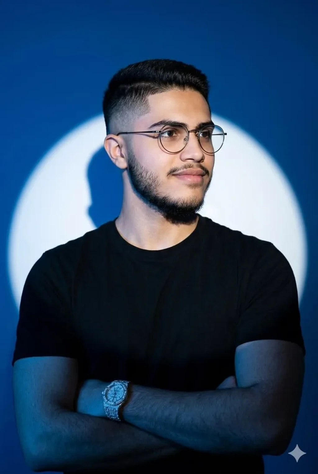 Young Man with Glasses and Diamond Watch in Spotlight Studio Portrait