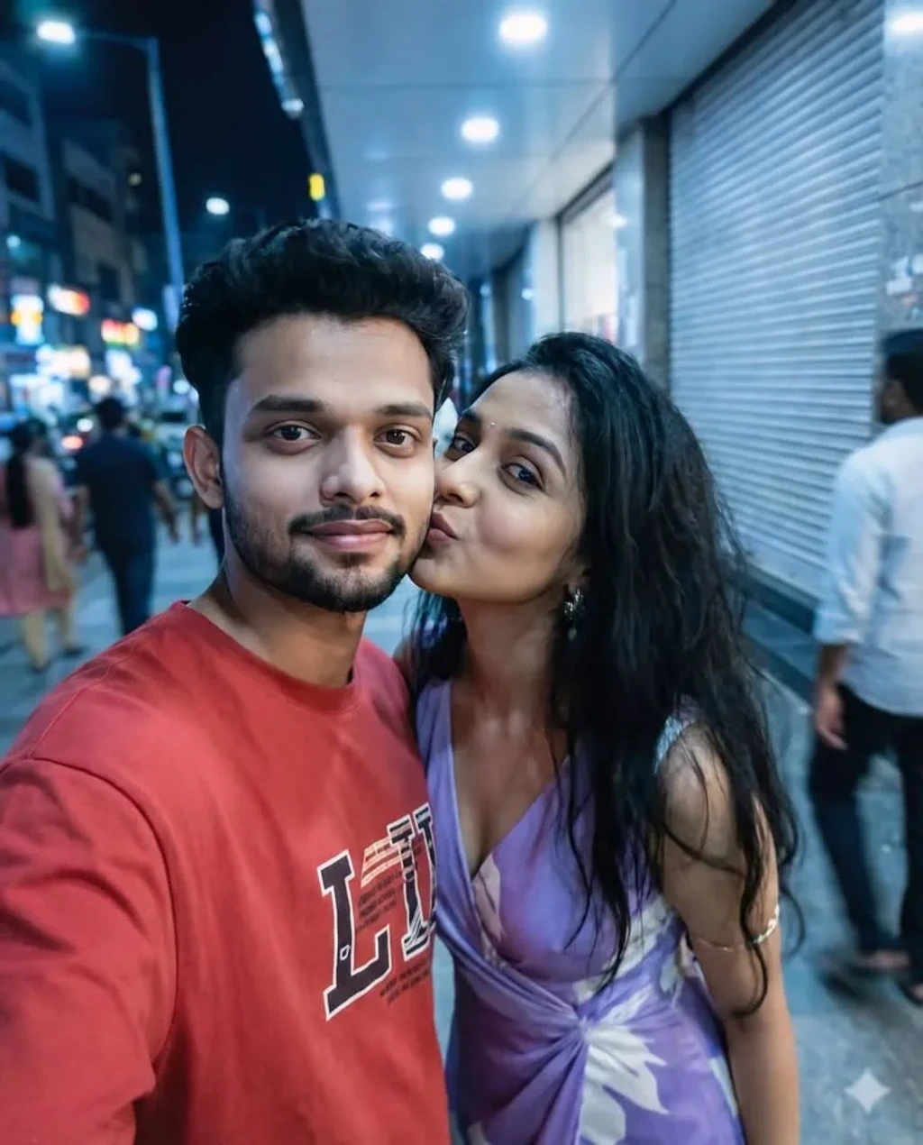 Candid Street Selfie of Affectionate Couple at Night