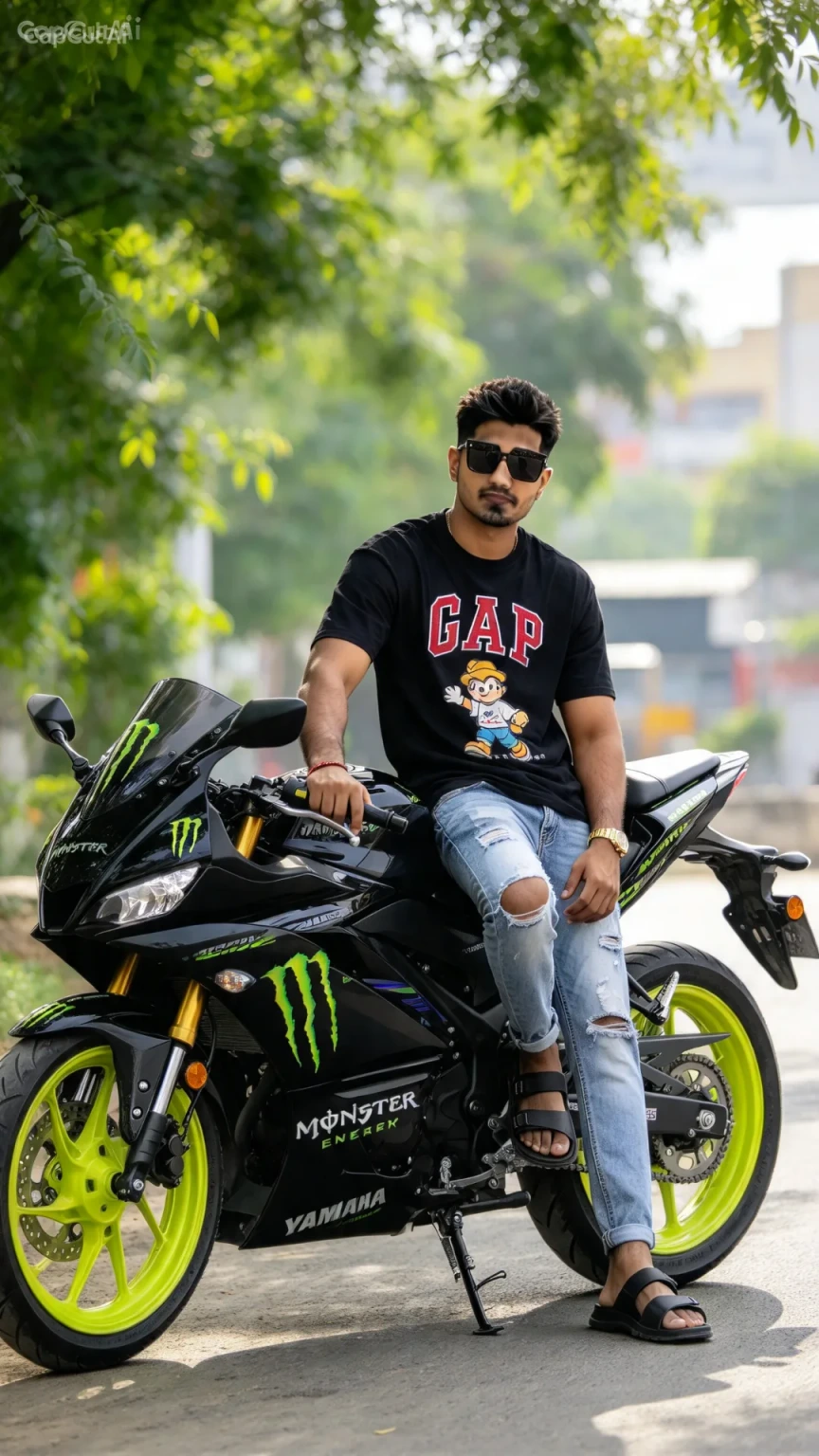 Ultra-realistic outdoor portrait of a young man sitting on a black Monster-themed Yamaha sports bike with neon-yellow wh