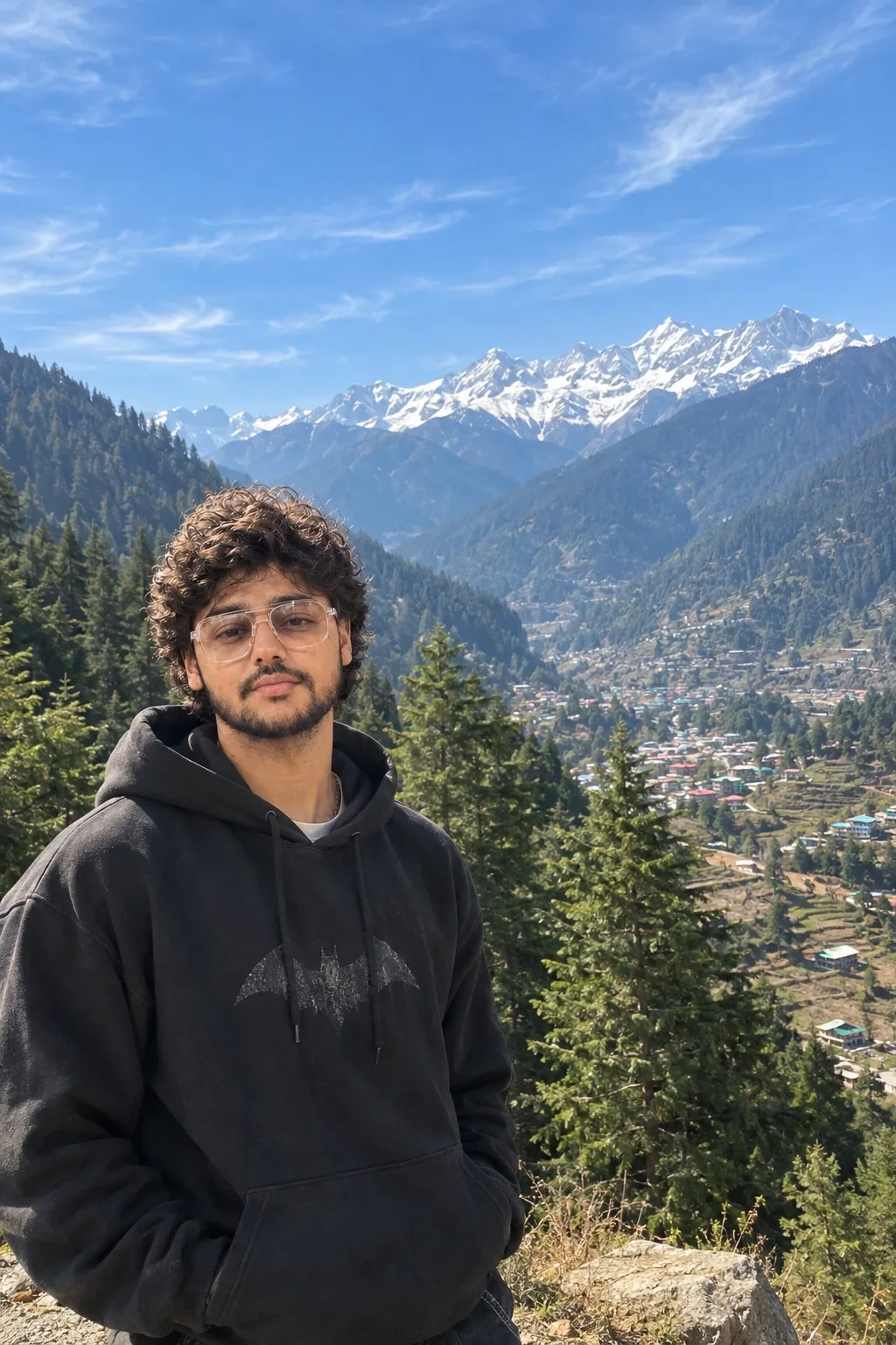 Himalayan Valley Portrait with  sky is a clear, bright blue with soft wispy cirrus clouds.
