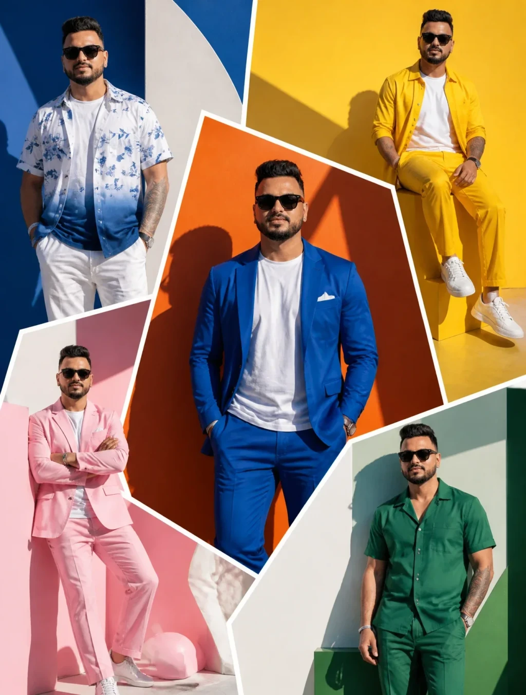 The SAME Male Model Displayed Across Oversized Random-Shaped Fashion Panels
