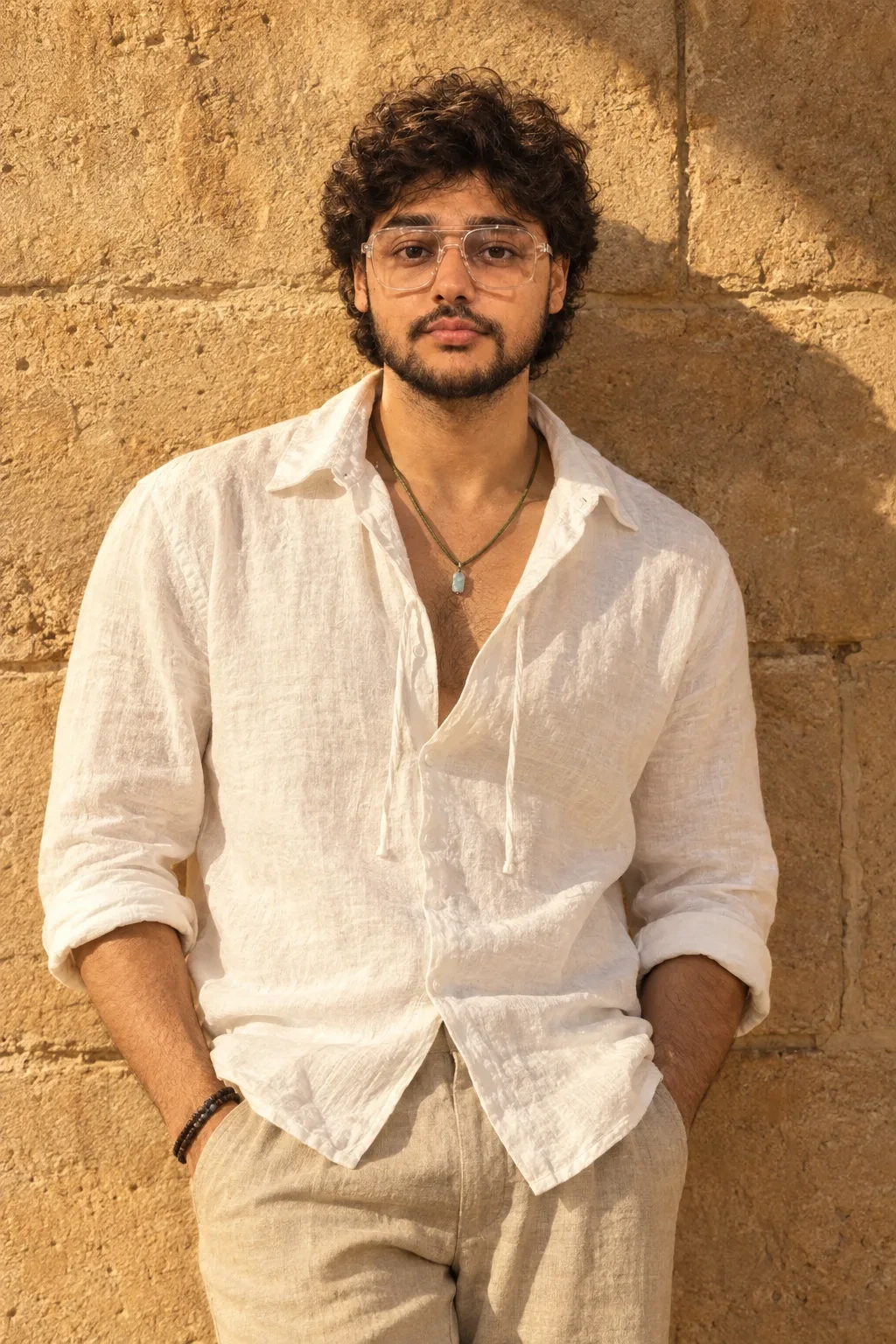 Sunlit Linen Portrait by Stone Wall.