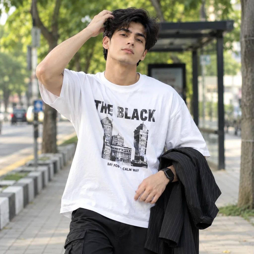 Urban Streetwear Portrait – Young Man in White Graphic T-Shirt &amp; Black Jacket