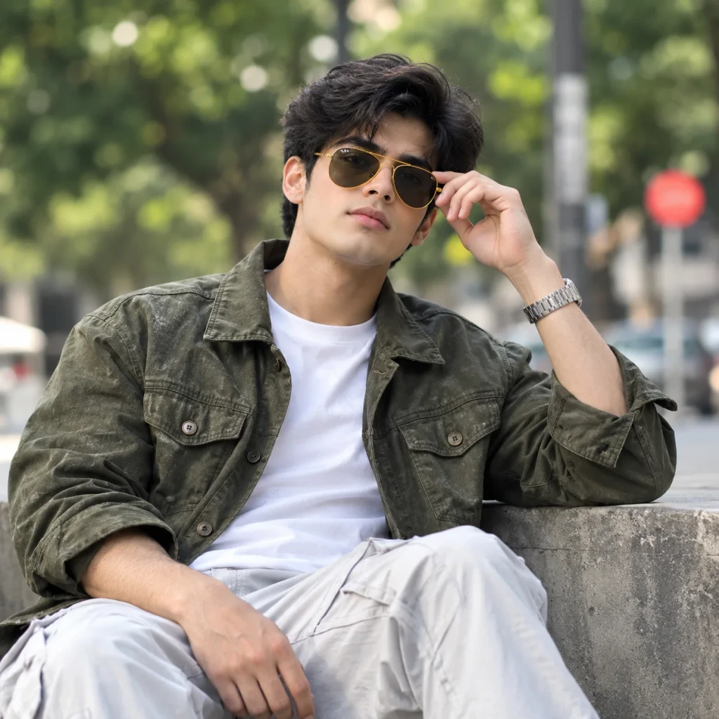 Urban Streetwear Portrait of a Young Man in Olive Jacket &amp; Aviator Sunglasses