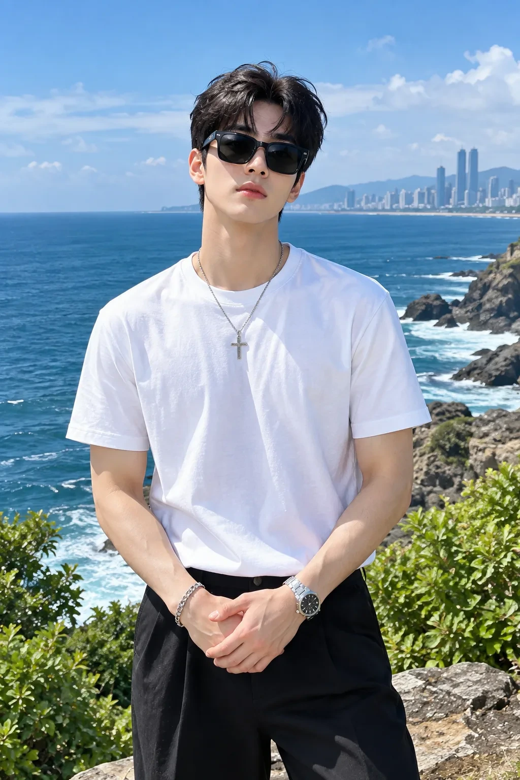 Young East Asian Man on Coastal Cliff | Summer Ocean Portrait