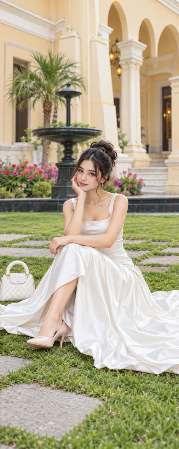 🤍🌿 Elegant White Dress Photography – Soft Romantic Garden Portrait