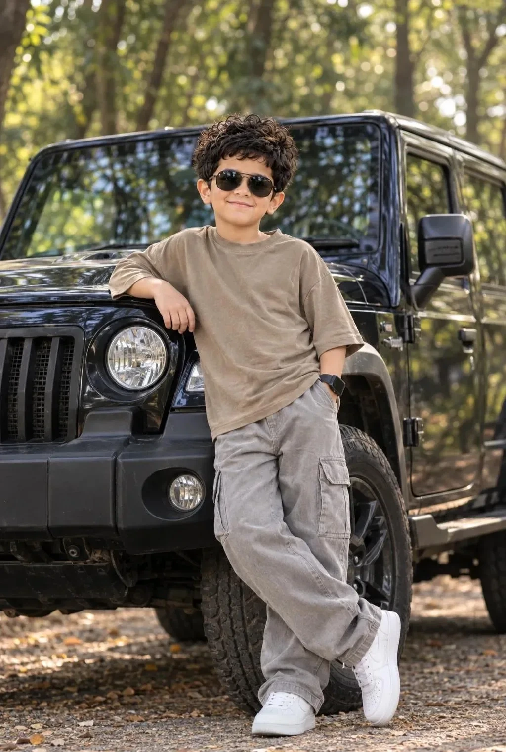 Cool Young Boy in Streetwear Leaning on a Black Off-Road SUV in a Forest