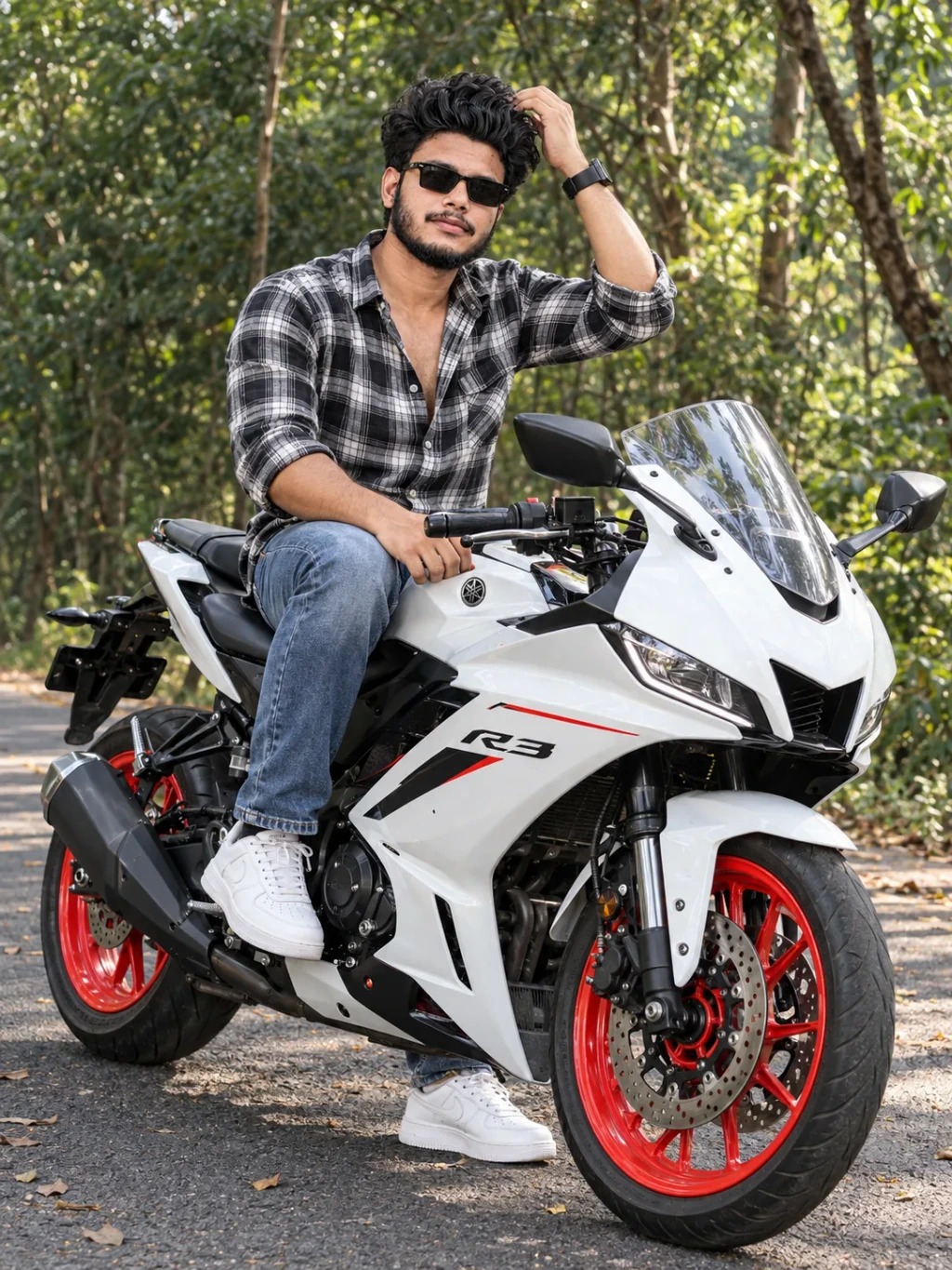 WHITE SPORTS BIKE — FOREST RIDER PORTRAIT