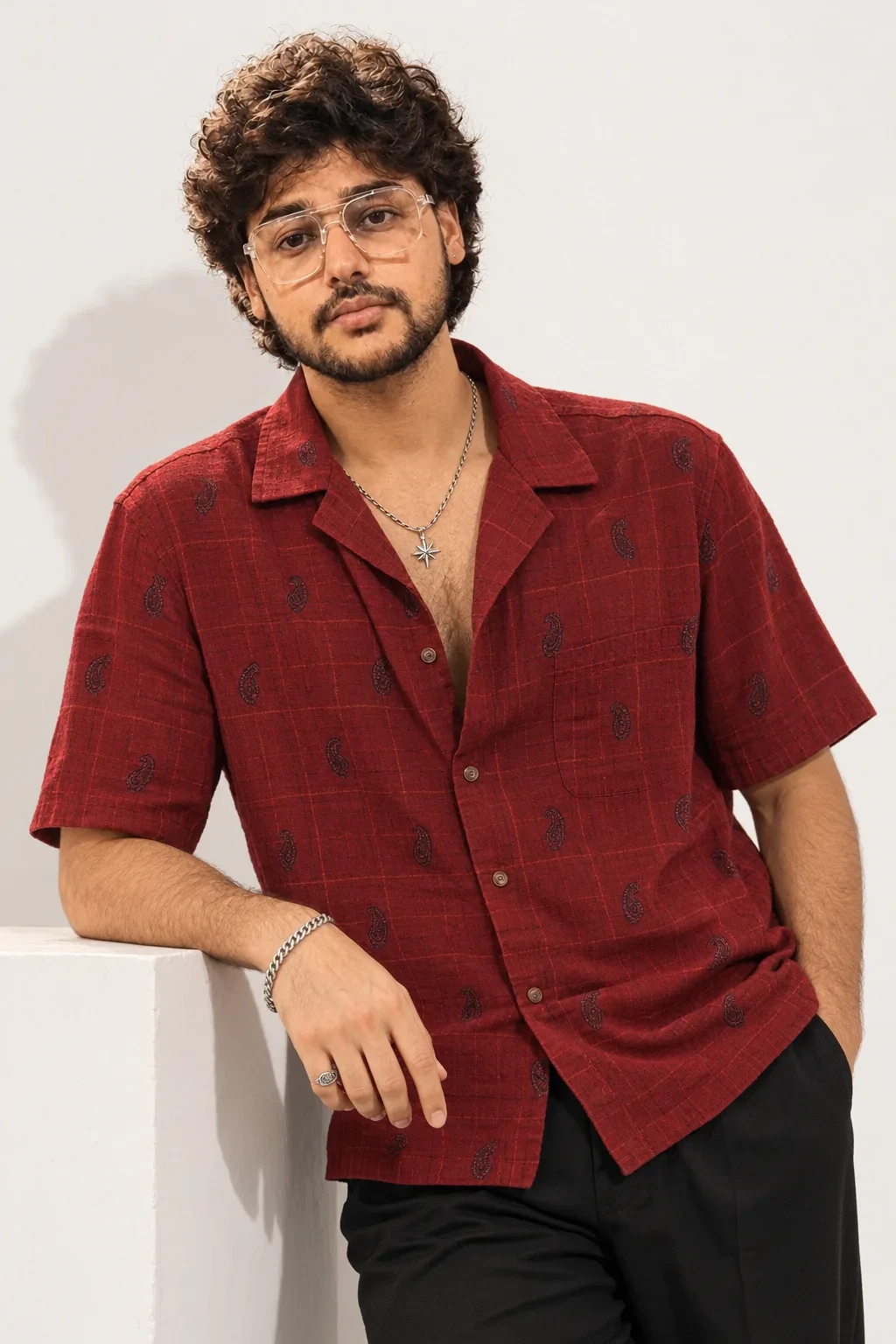 Modern Studio Portrait with Red Patterned Shirt.