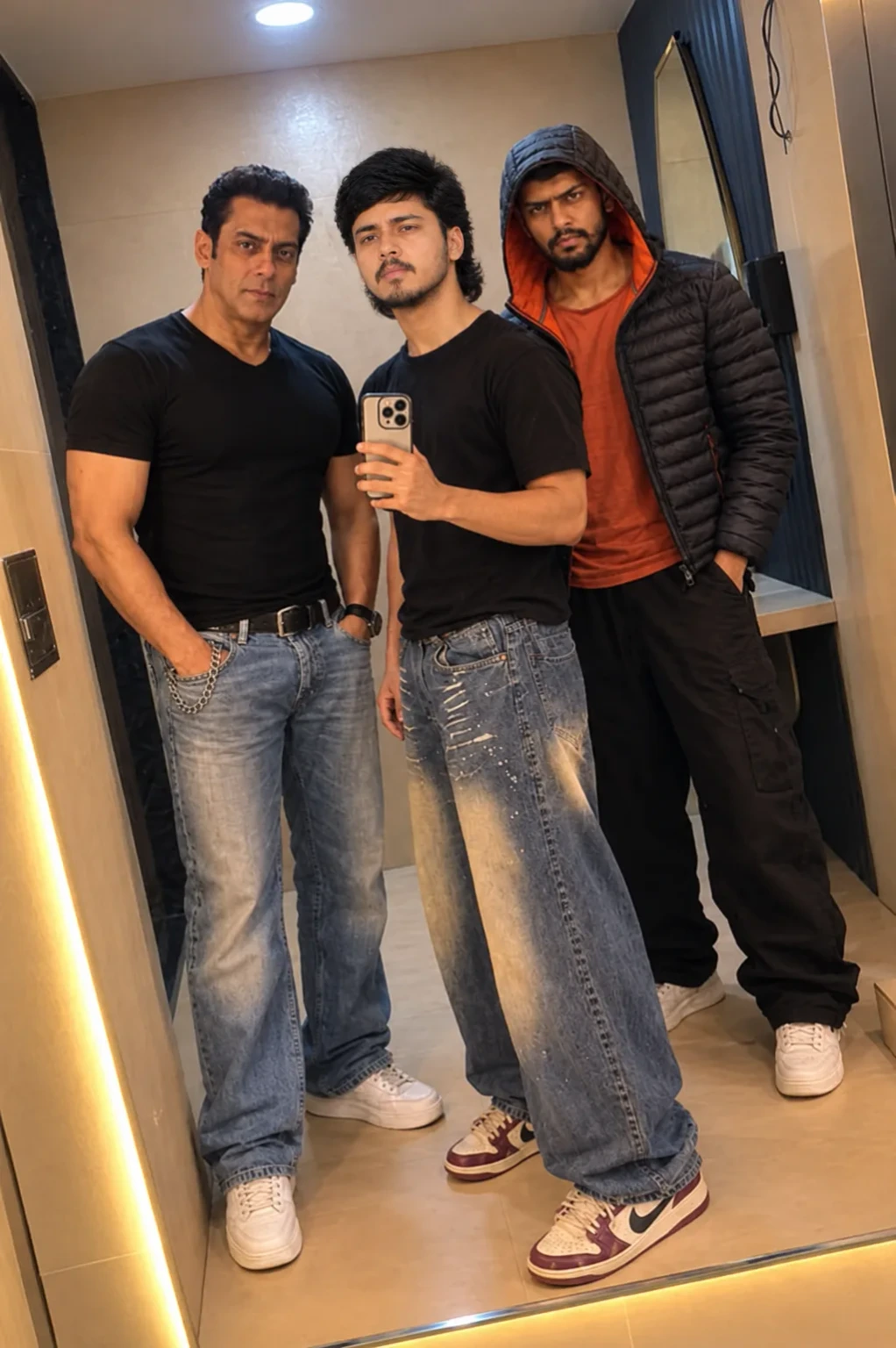 Luxury Celebrity Mirror Selfie – Cinematic Trio