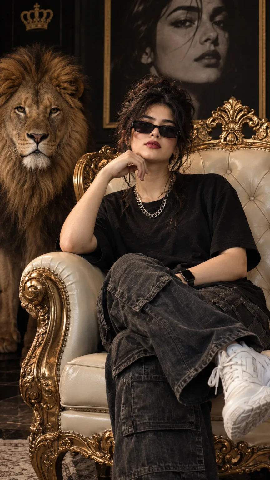 Confident Young Woman in Streetwear Sitting on Gold Throne with Lion