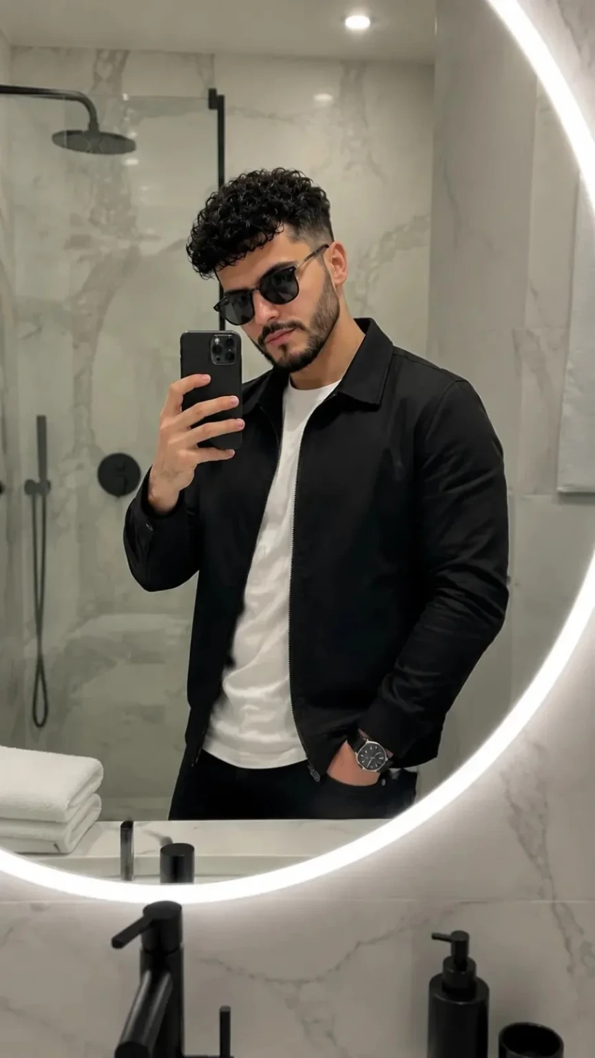 mirror selfie in a sleek modern bathroom.