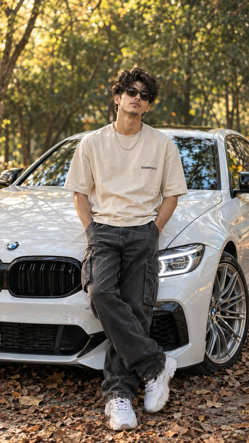 Stylish Young Man in Streetwear Leaning on White Sports Car with LED Headlights