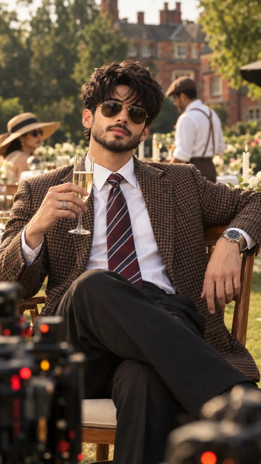 Elegant Man in Tweed Blazer at Vintage Garden Party with Champagne