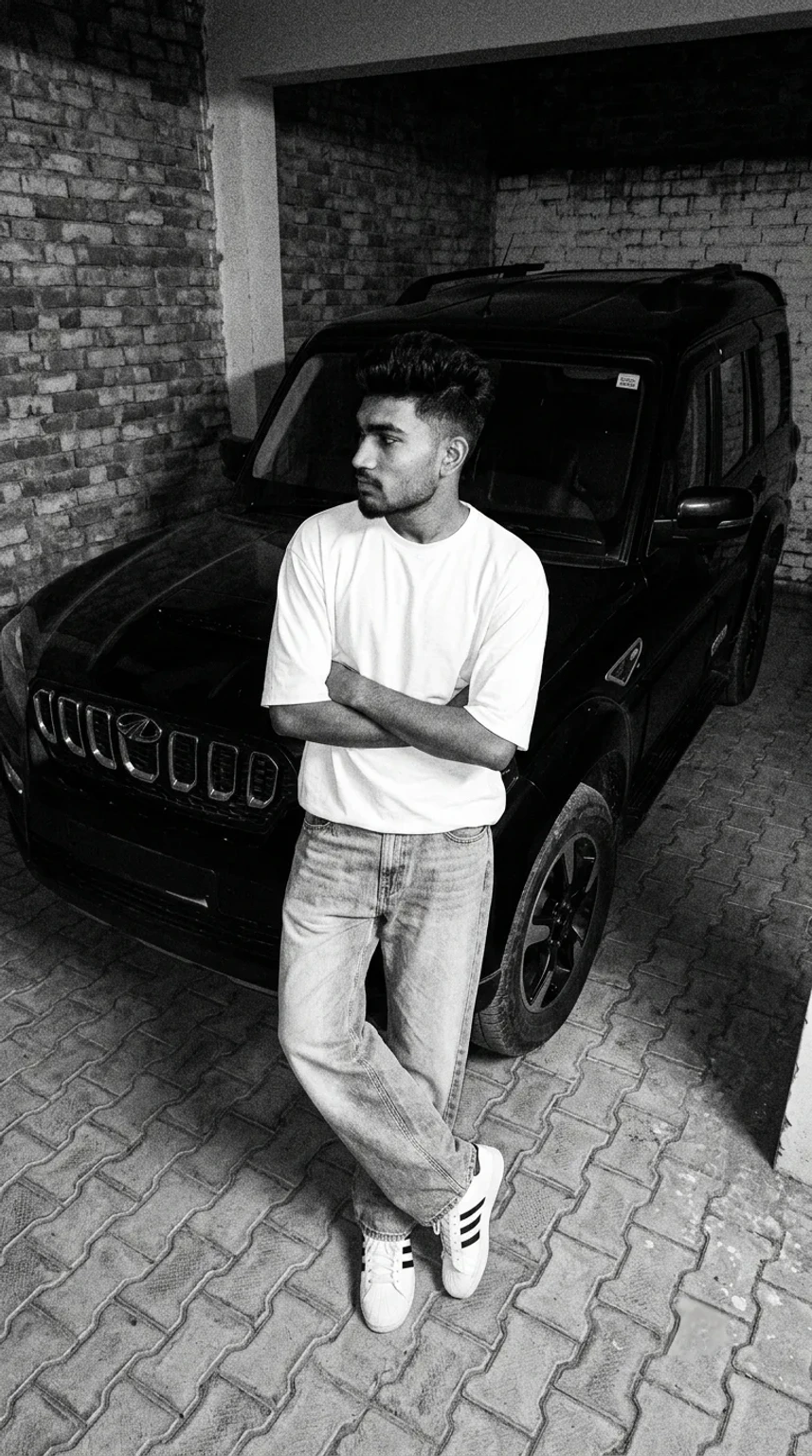 Black and White Full-Length Portrait of Young Man Leaning on Black SUV
