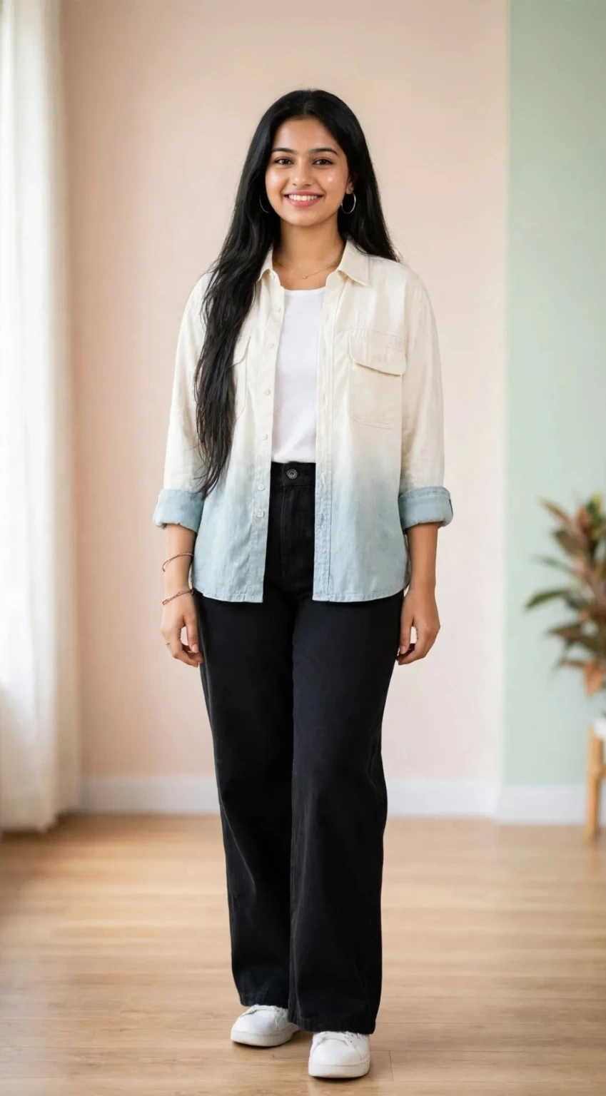 White Overshirt &amp; Black Wide-Leg Pants — Realistic Fashion Portrait Prompt