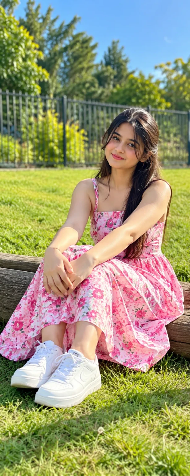 🌸☀️ Pink Floral Dress Portrait – Bright Outdoor Photography &amp; Natural Bokeh