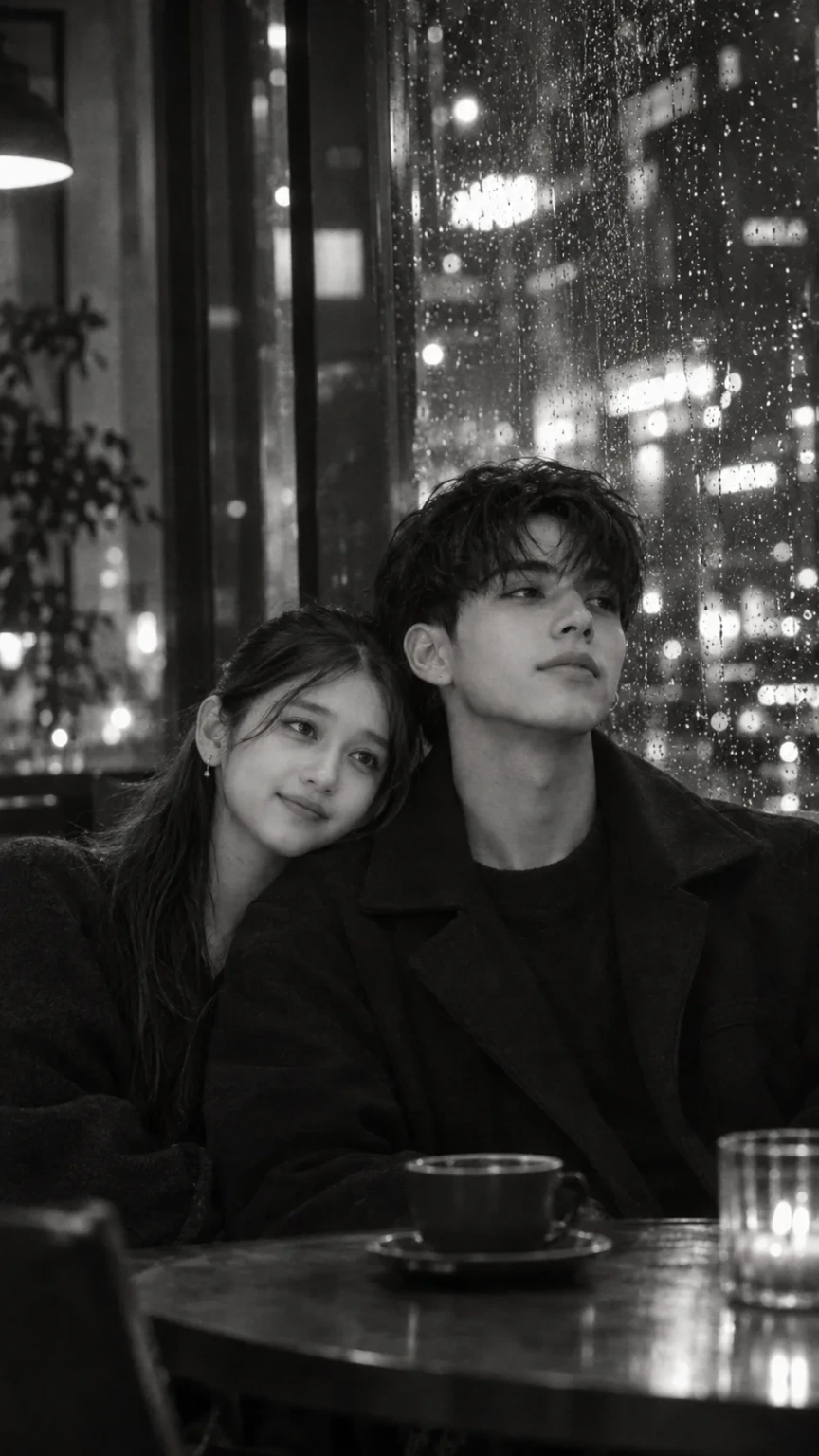 Rainy Café Couple Black &amp; White Portrait