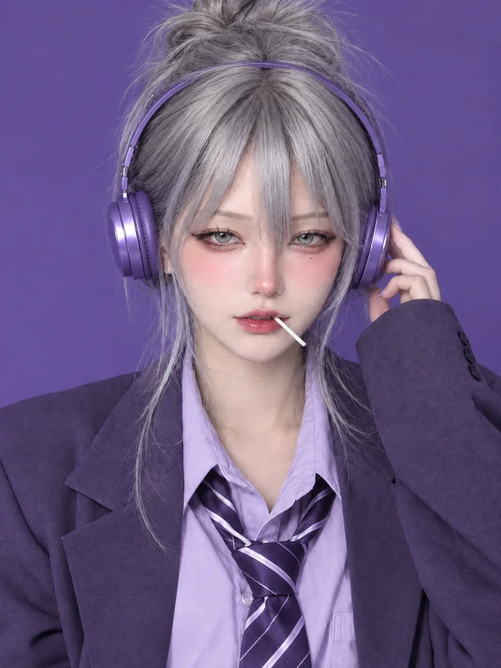 💜 Silver Hair Purple Headphones Aesthetic 🎧✨