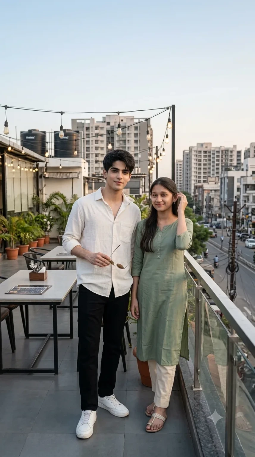 Boy and Girl at a Modern Rooftop Cafe