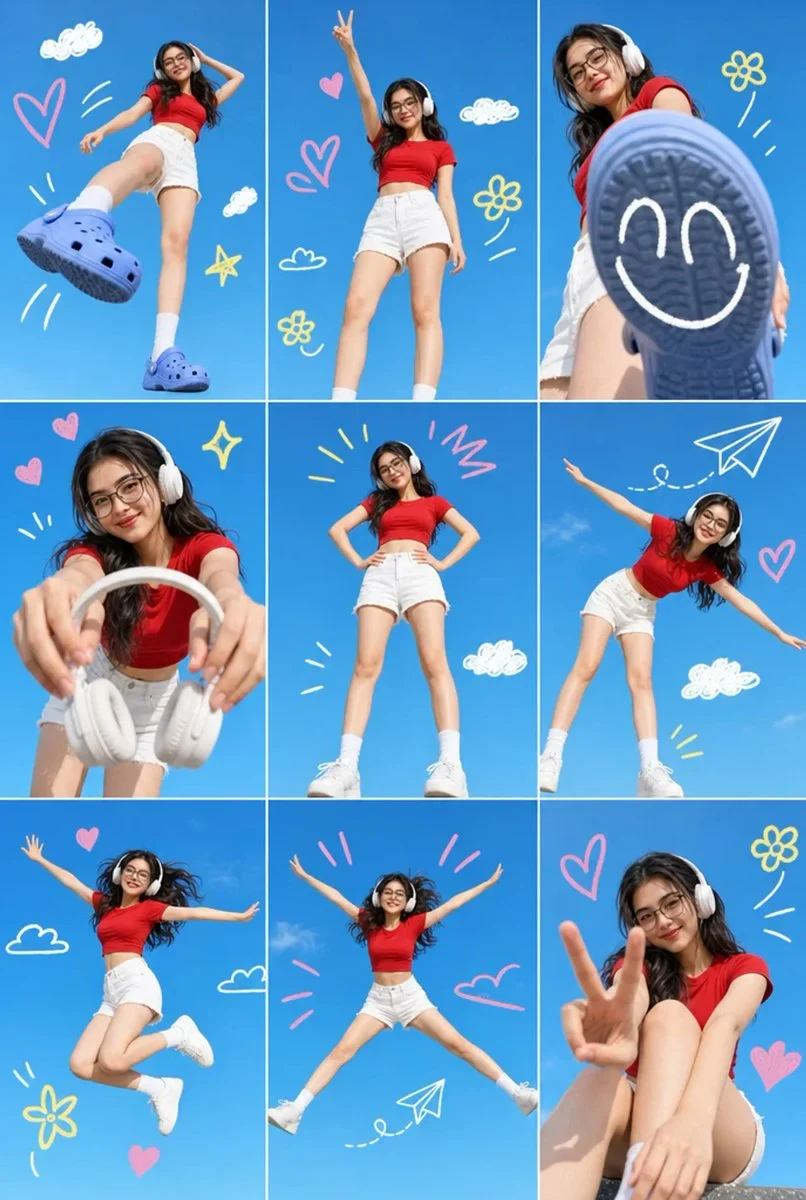 A 3x3 Grid Collage Containing Nine Separate Photos of a Single Young Asian Woman