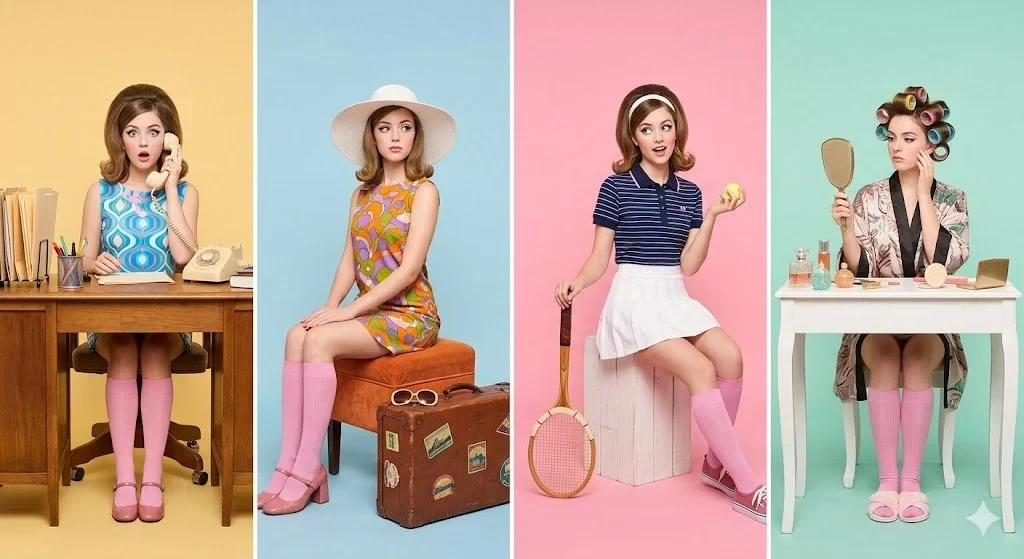 A Retro-Inspired Studio Photoshoot Featuring a Young Woman Styled in Four