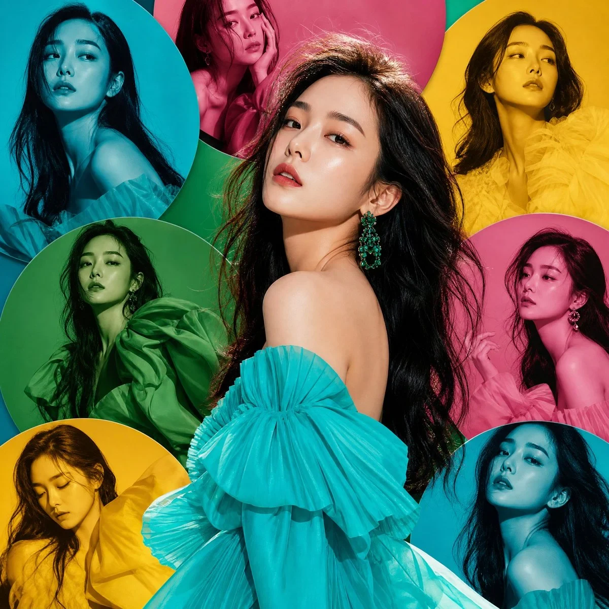 High-Fashion Vertical Editorial Artwork Featuring an Elegant Korean Woman
