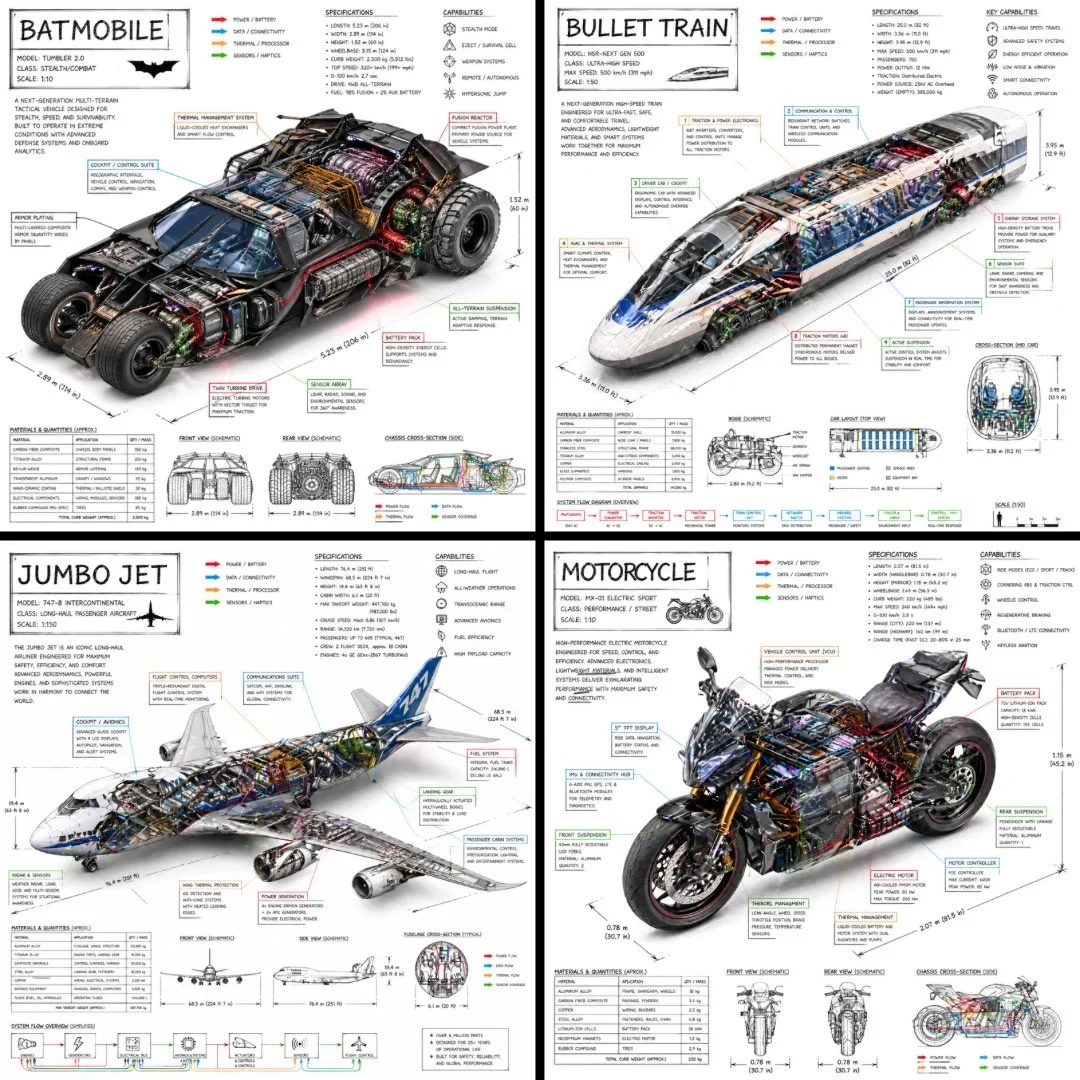 Technical Infographic of VEHICLE with a 45-degree Isometric 3D Perspective