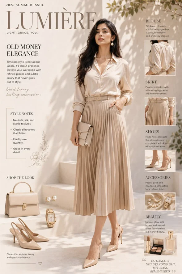 A High-Fashion Editorial Cover Featuring an Elegant Indian Model in a Sunlit