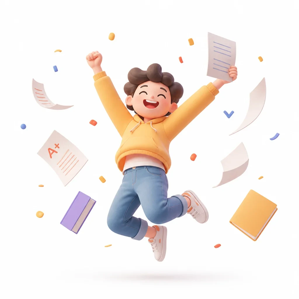 "a 3D Style Celebration Icon with Flying Papers, White Background