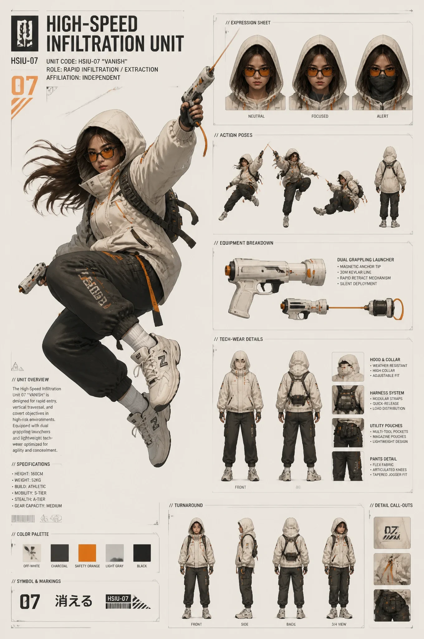 A Dynamic Character Concept Sheet Showcases a "high-Speed Infiltration Unit" in
