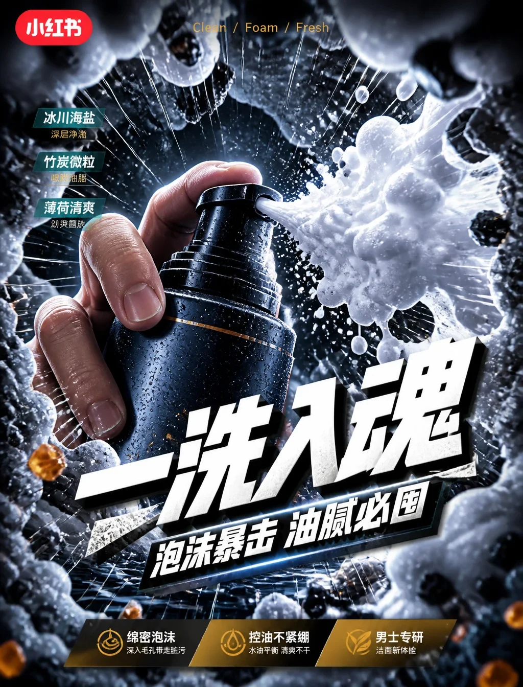 # 角色你是一位「冷调鱼眼产品冲击广告风格」的锁定执行专家，专精小红书电商男士洁面泡沫视频笔