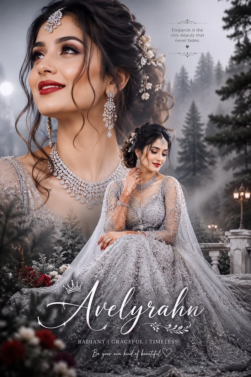 Ultra-Realistic Bridal Portrait Collage, Beautiful Indian Bride in Silver Lehenga