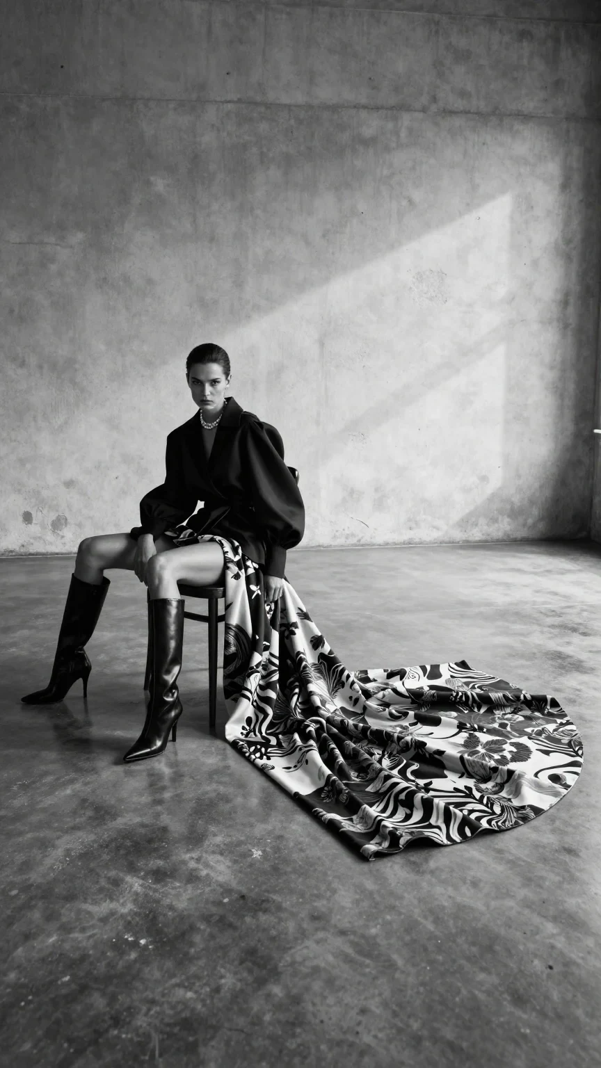 Ultra-Realistic Black-And-White High-Fashion Editorial Photograph in a Wide