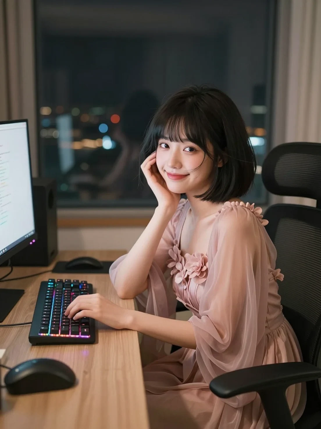 A Young East Asian Woman with a Short Black Bob Haircut and Wispy Bangs Is Sitting