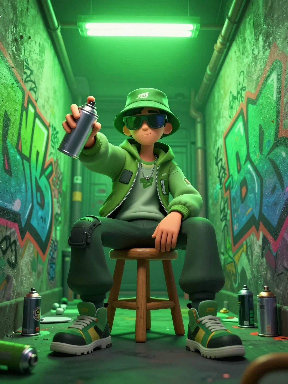 A Stylized 3D Character with a Street-Art Aesthetic Sits on a Wooden Stool in